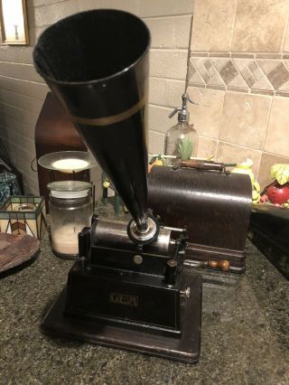 Antique Edison Gem Phonograph With Four Horns And 4 Wax Cylinders Records
