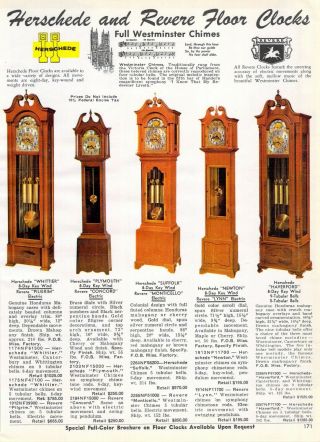 1964 Vtg Ad Mid - Century Herschede Revere Grandfather Floor Mastercrafter Clocks