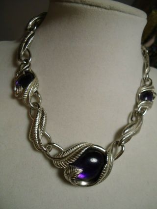 Trifari Vtg/nos Silver Tone Leaf Filigree Purple Cabochon Necklace