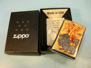 Nib Zippo Lighter.  Chrome Zodiac Leo Lion Dated L/11