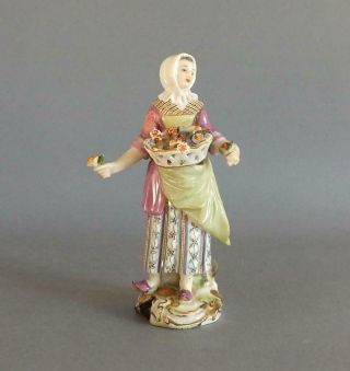 Antique German Meissen Dresden Porcelain Figurine Of Girl With Flowers Circa 19c