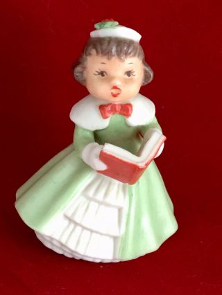Vintage Figurine Christmas Caroler Girl 3” Holy Stamped Green Dress Brunette Hat