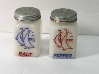 Vintage White Milk Glass Salt & Pepper Shakers Red/blue Sailboats W/lids