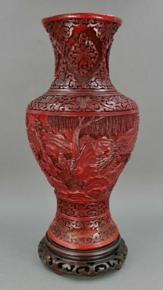 Fine Antique Chinese Carved Red Cinnabar Lacquer Vase With Stand 14 "