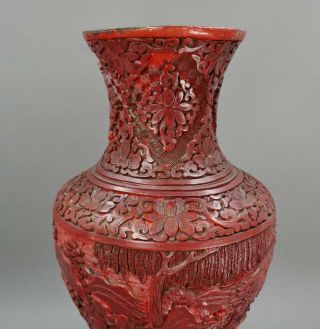 Fine Antique Chinese Carved Red Cinnabar Lacquer Vase With Stand 14 