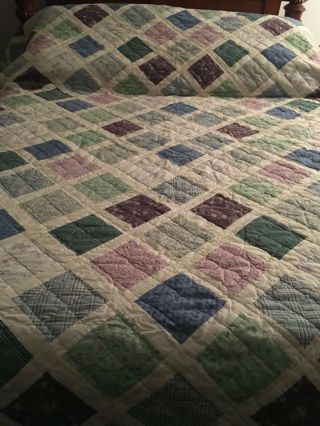 Vintage Reversible Cotton Hand & Machine Sewn Patchwork Quilt 96” X 86” Squares