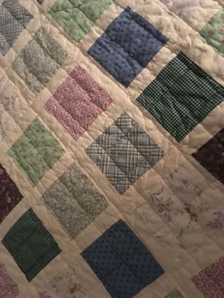 Vintage REVERSIBLE Cotton Hand & Machine Sewn Patchwork Quilt 96” x 86” Squares 2