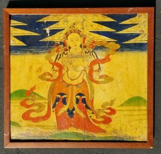 Antique 18/19th C.  Tibetan Wood Lacquer Painting Thangka Tara Buddha Figure 2