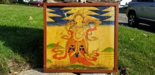 Antique 18/19th C.  Tibetan Wood Lacquer Painting Thangka Tara Buddha Figure 2 2