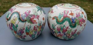 Antique Chinese Famille Rose Porcelain 19th C.  Covered Melon Jars 100 Boys Qing