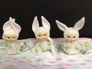 Set Of 3 - Sweet Vtg Easter Lefton Pixie Bunny Rabbit Girls W Sugar Mica - Japan