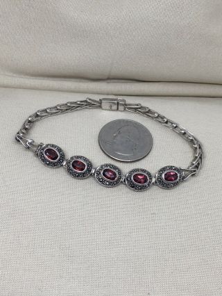 8” Vintage Sterling Silver Garnet Marcasite Bracelet 15g 11 - 10