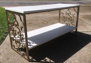 Vintage Rectangular Brass & Wood Coffee Table 2 Tier Side Table Scroll Work