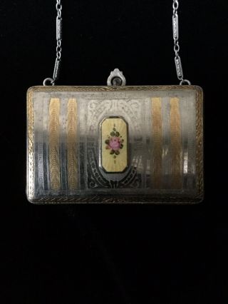 Vintage Etched Gold On Silver Striped Dance Purse W/ Guilloche Rose On Gold Enam