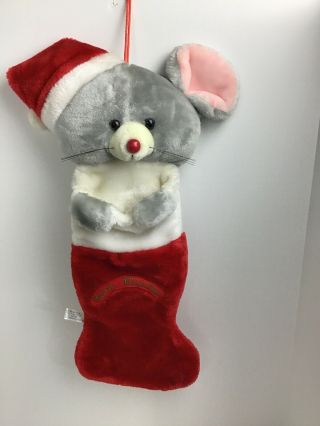 Plush Vintage Mouse Holding Stocking Open /santa Hat Merry Chritmas Stocking