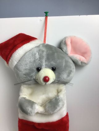 Plush Vintage Mouse Holding Stocking Open /Santa Hat Merry Chritmas Stocking 2