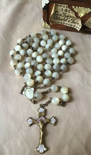 Vtg Antique 800 Silver Sterling Guilloche Enamel Mother Of Pearl Rosary Balamuti