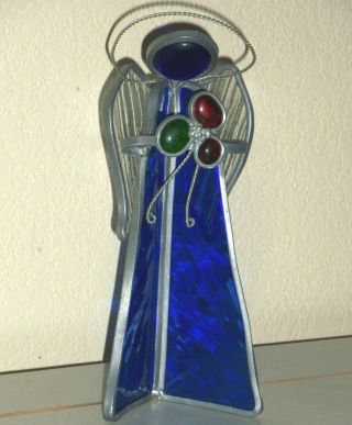 Blue 9 " Christmas Angel Centerpiece Stained Glass,  Handmade Vintage
