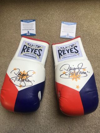 Pair L&r Manny Pacquiao Signed Cleto Reyes Philippine Flag Boxing Glove Bas Auth