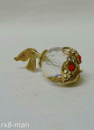 Vintage 9ct Solid Gold & Glass Charm Bracelet Fish Charm - 6.  7g