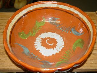 Vintage Mid Century Mexican Folk Art Pottery Bowl Size 9 1/2 X 3 1/4 "