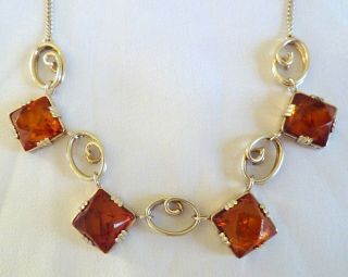Vintage Art Deco Solid Silver Gilt & Baltic Amber Riviere Necklace