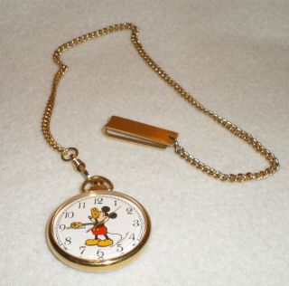 Vintage Lorus Quartz Mickey Mouse Gold Tone Pocket Watch Y131 - 0010 With Chain