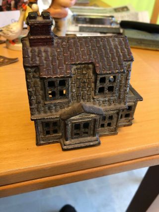 Vintage Metal Still Coin Bank House Cast Iron Metal Red Painted Chimney