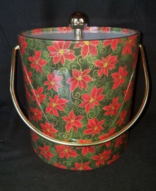 Vintage Mr.  Ice Bucket 3 Qt.  Red Green Gold Poinsettia Design Christmas Barware