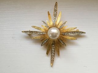 Vintage Marcel Boucher Gold Tone /faux Pearl,  Rhinestone Flower Brooch