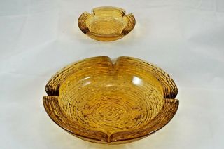 (2) Vintage Ashtray Ash Tray Amber Yellow Brown Textured Art Swirl Glass Decor