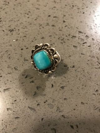 Antique 925 Sterling Silver Real Large Turquoise Gemstone Wide Ring Size 7