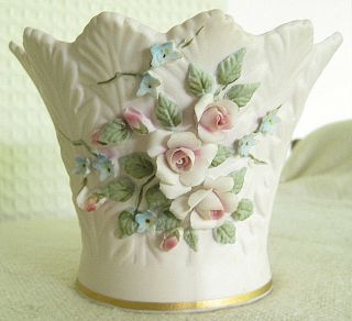 Vintage 1950s Lefton China Cachepot Vase,  Hand Paint Pink Floral,  Raised Flowers