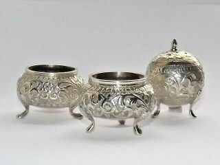 Antique Colonial Indian Rajasthan Solid Silver Condiment Set Pepper & Salts 1915