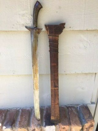 Antique 19th C Philipines 29 " Double Edge Barong Sword Bolo Moro Wood Scabbard