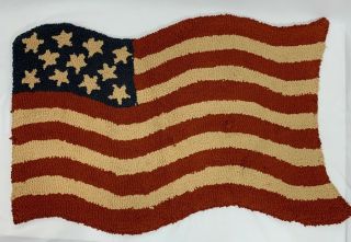 Vintage Primitive Folk Art Hooked Rug Patriotic Flag 36 X 22” Waving Design