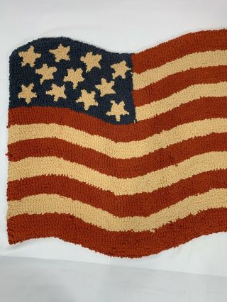 Vintage Primitive Folk Art Hooked Rug Patriotic Flag 36 x 22” Waving Design 2