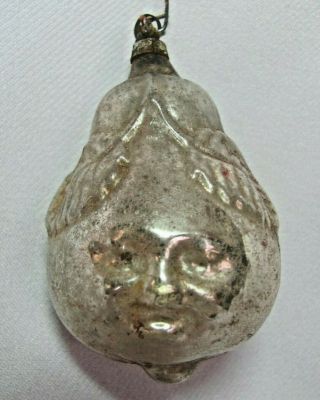 Antique Vintage German Glass Christmas Ornament Pear With Face & Leaf