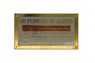 Vintage No Peddlers Or Agents Small Brass Metal Sign White Red Measure 2 X 3 - 1/2