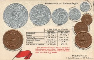 Vintage Marokko Morocco Flag & Embossed Copper & Silver Coins Postcard -