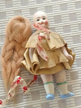 Antique Jointed Bisque Doll 3.  5 " Germany Painted Face Leather Outfit Wig