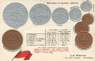 Vintage Le Maroc Morocco Flag & Embossed Copper & Silver Coins Postcard -
