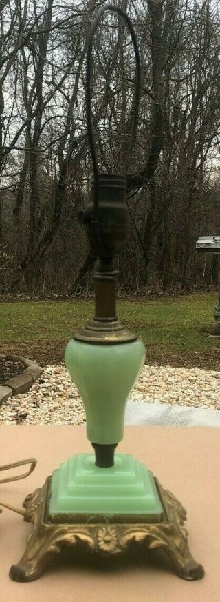 Antique Vintage Art Deco Jadeite Green Depression Glass And Cast Iron Table Lamp