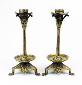 Victorian Gothic Brass Candlesticks C1870 Dresser Burges Skidmore Moyr Smith