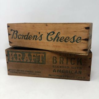 Two Vintage Wooden Cheese Boxes Bordens Cheese Kraft Brick American