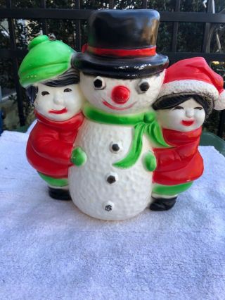 Vintage Union Products Blow Mold Snowman With Children 11” Tall
