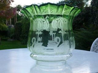 Victorian Antique Green Etched Glass Oil Lamp Shade 4 " Fitting