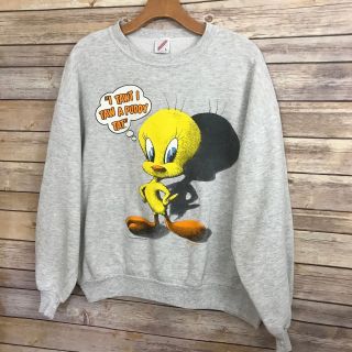 Vintage Jerzees Tweety Bird Sweater Size Large Warner Bros Looney Tunes Gray