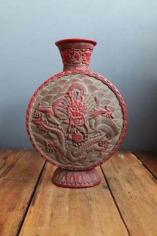 Chinese Red Dragon Moon Flask With Signed Base Cinnabar? Antique Vintage