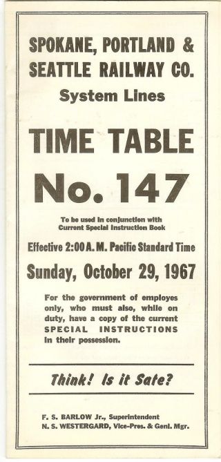 Spokane Portland & Seattle Railway Co.  Time Table 147 Oct.  29,  1967